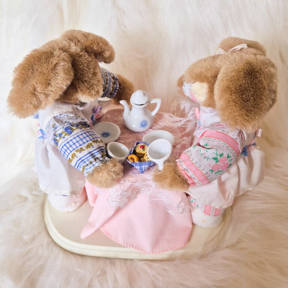 Vintage 1990s Handmade Bunny Rabbit Tea Party Diorama OOAK Cottagecore Decor